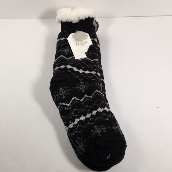 Thick Sherpa Grip Slipper Socks Non Skid Cozy Snowflake Socks Gray and Black - Picture 2 of 7
